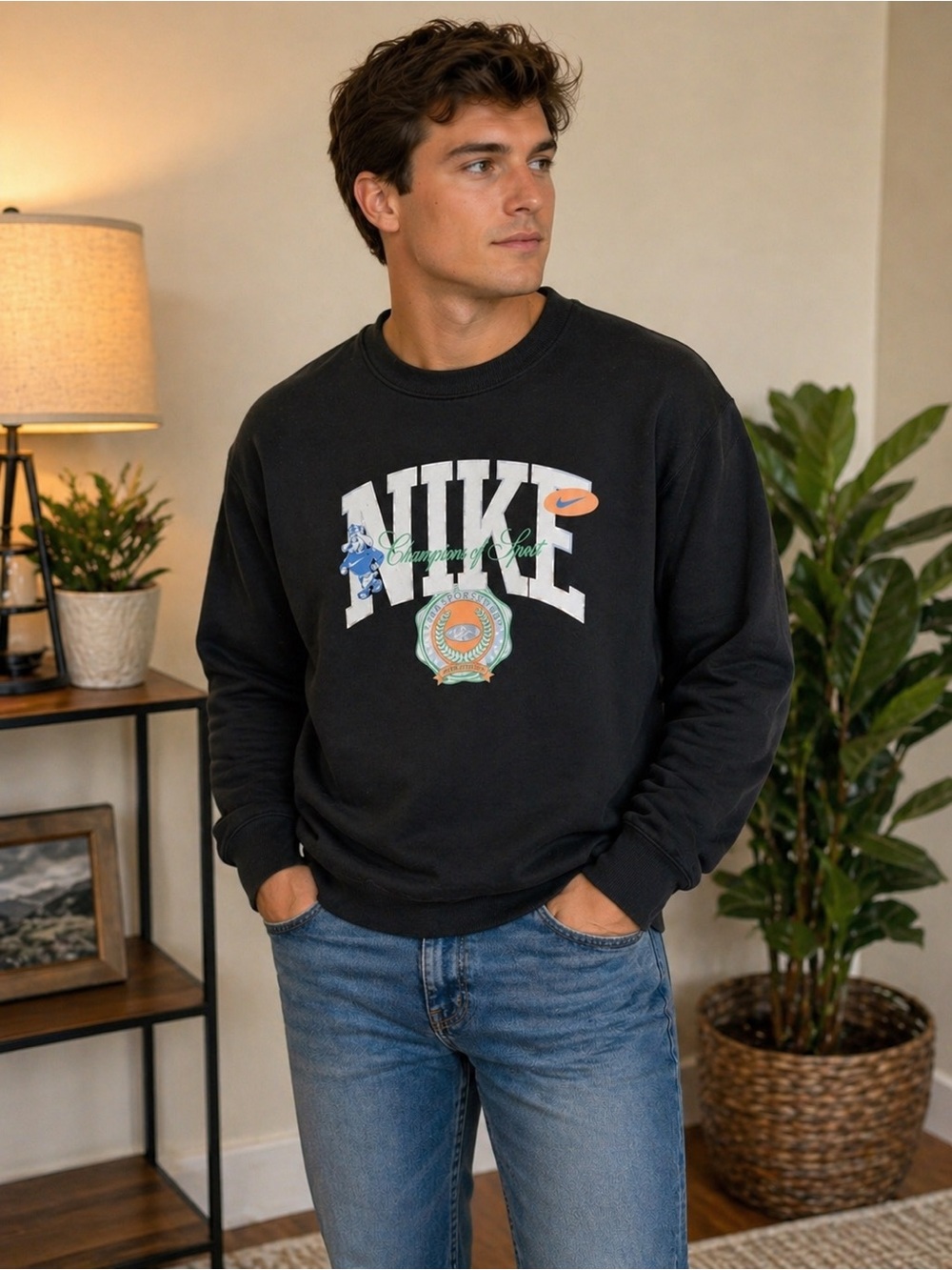 Nike Vintage Style Graphic Sweatshirt Mens M Black Crewneck Shoedog Logo